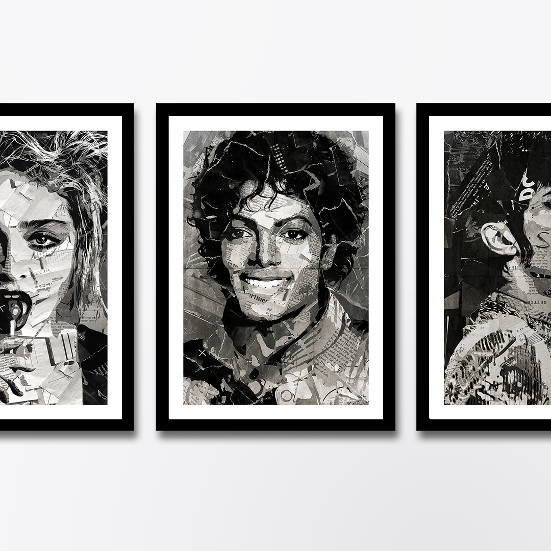 A Michael Jackson poster design - a portrait of Michael Jackson created using a collage of torn pieces of magazine pages in black and white.
