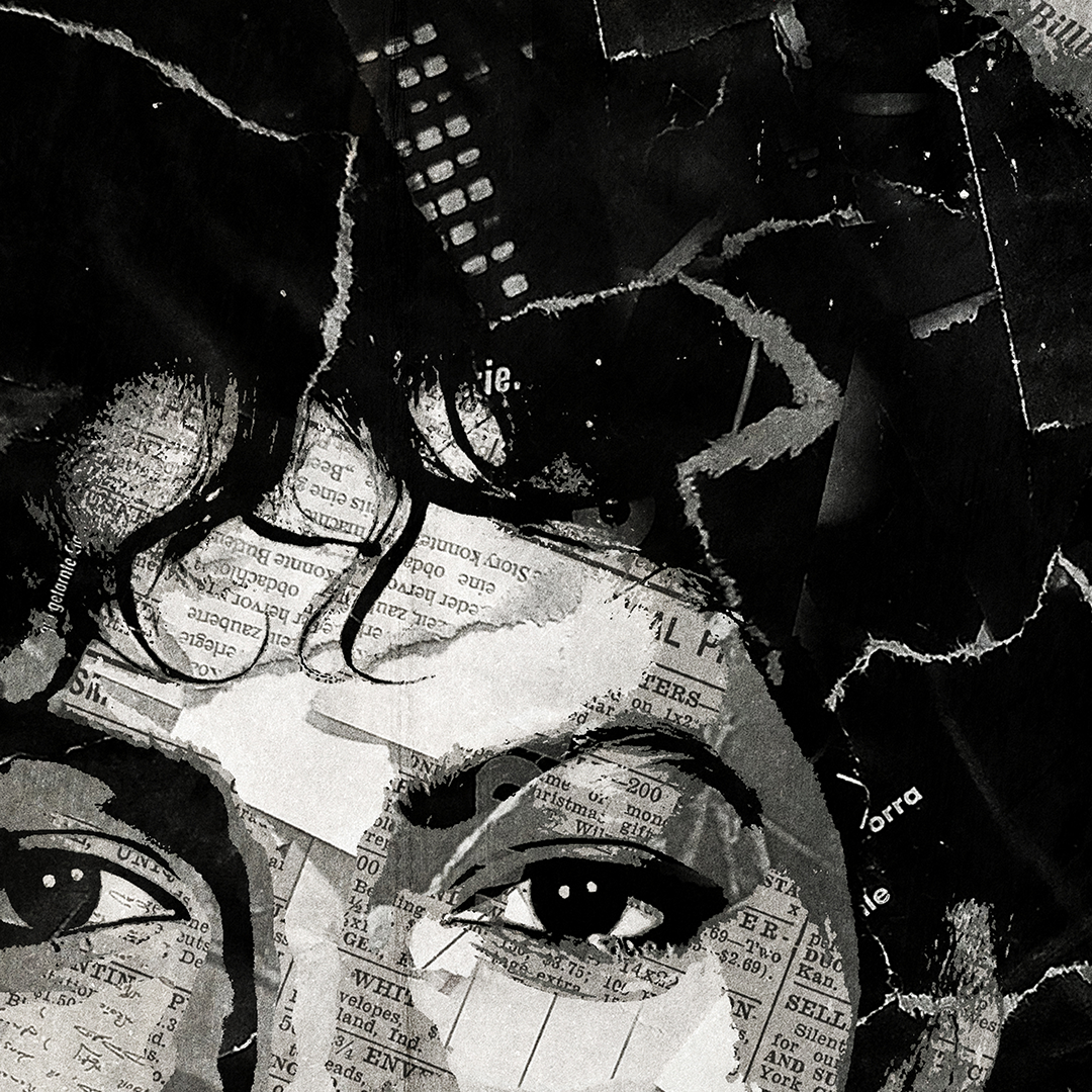 A Michael Jackson poster design - a portrait of Michael Jackson created using a collage of torn pieces of magazine pages in black and white.