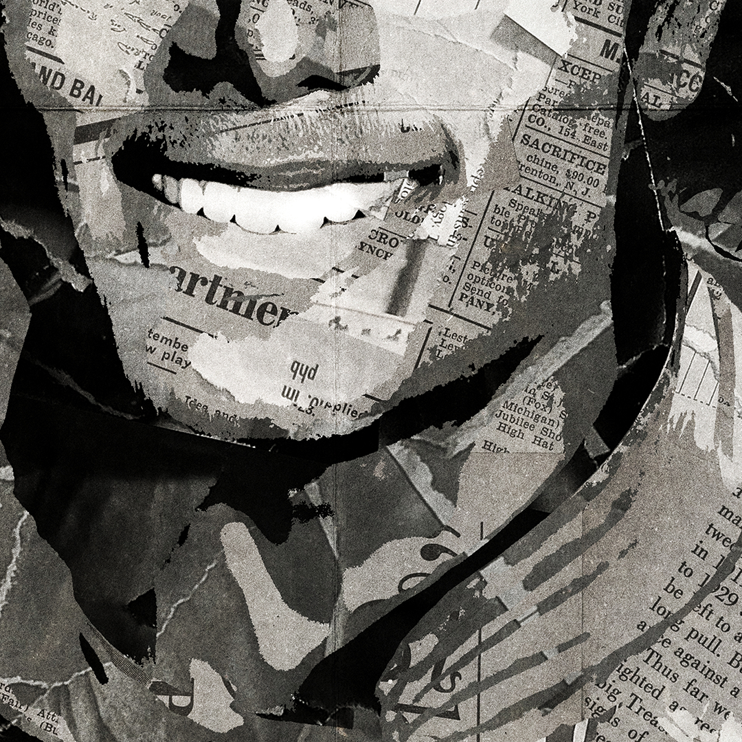 A Michael Jackson poster design - a portrait of Michael Jackson created using a collage of torn pieces of magazine pages in black and white.
