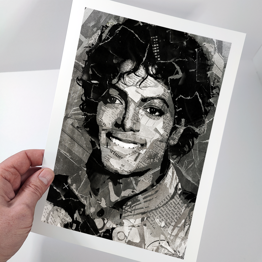 A Michael Jackson poster design - a portrait of Michael Jackson created using a collage of torn pieces of magazine pages in black and white.