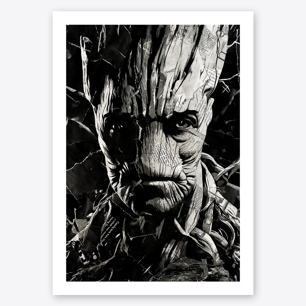 A Groot poster design - a portrait of Groot created using a collage of torn pieces of magazine pages in black and white.