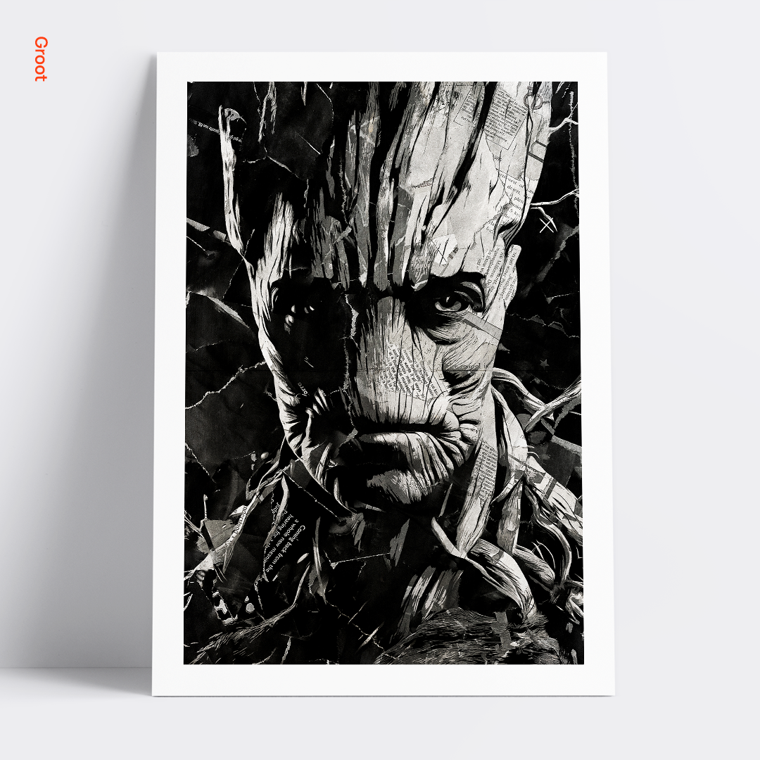 A Groot poster design - a portrait of Groot created using a collage of torn pieces of magazine pages in black and white.