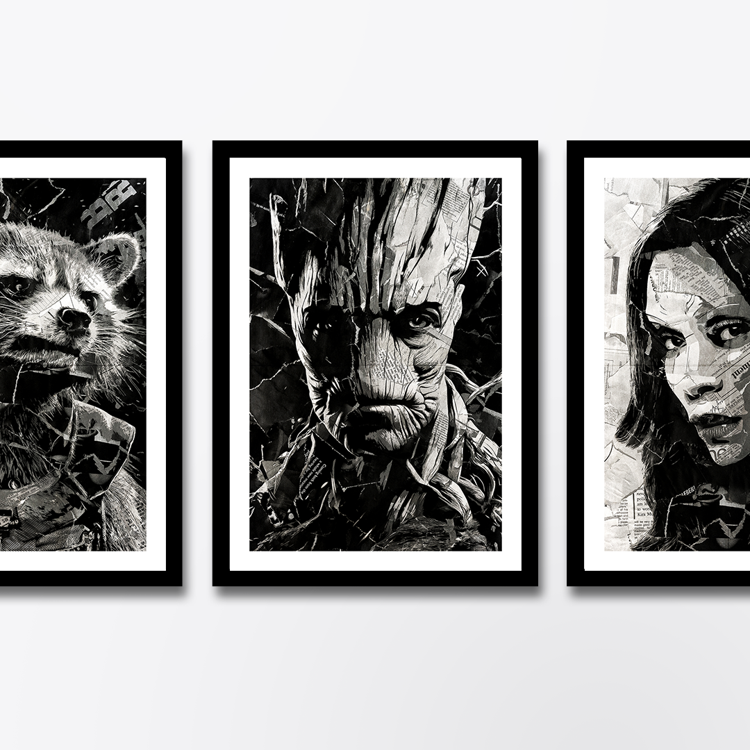 A Groot poster design - a portrait of Groot created using a collage of torn pieces of magazine pages in black and white.