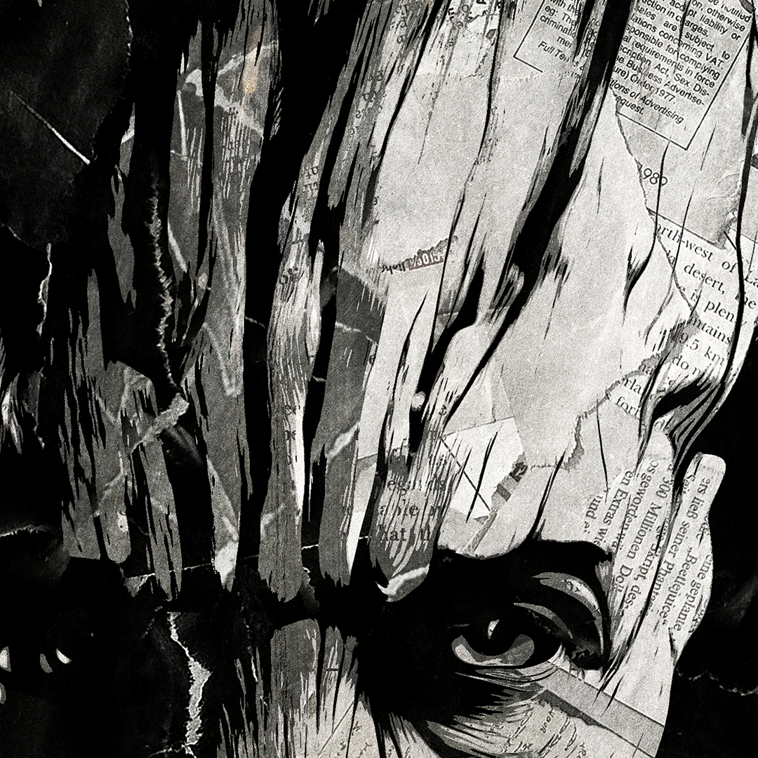 A Groot poster design - a portrait of Groot created using a collage of torn pieces of magazine pages in black and white.