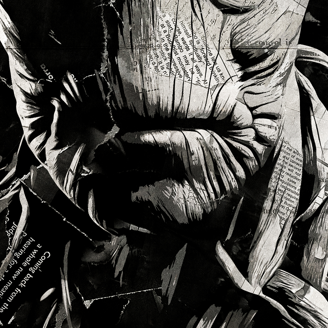 A Groot poster design - a portrait of Groot created using a collage of torn pieces of magazine pages in black and white.