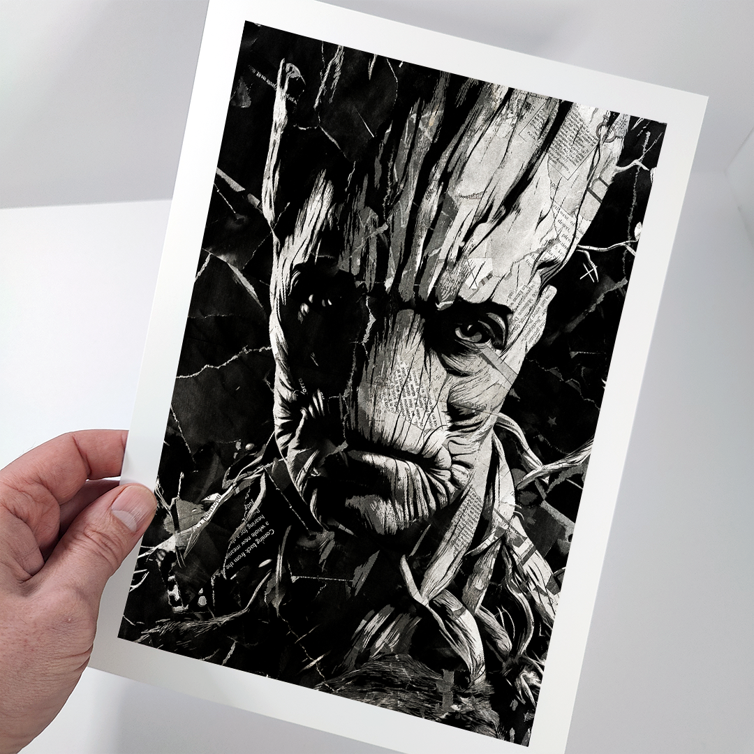 A Groot poster design - a portrait of Groot created using a collage of torn pieces of magazine pages in black and white.