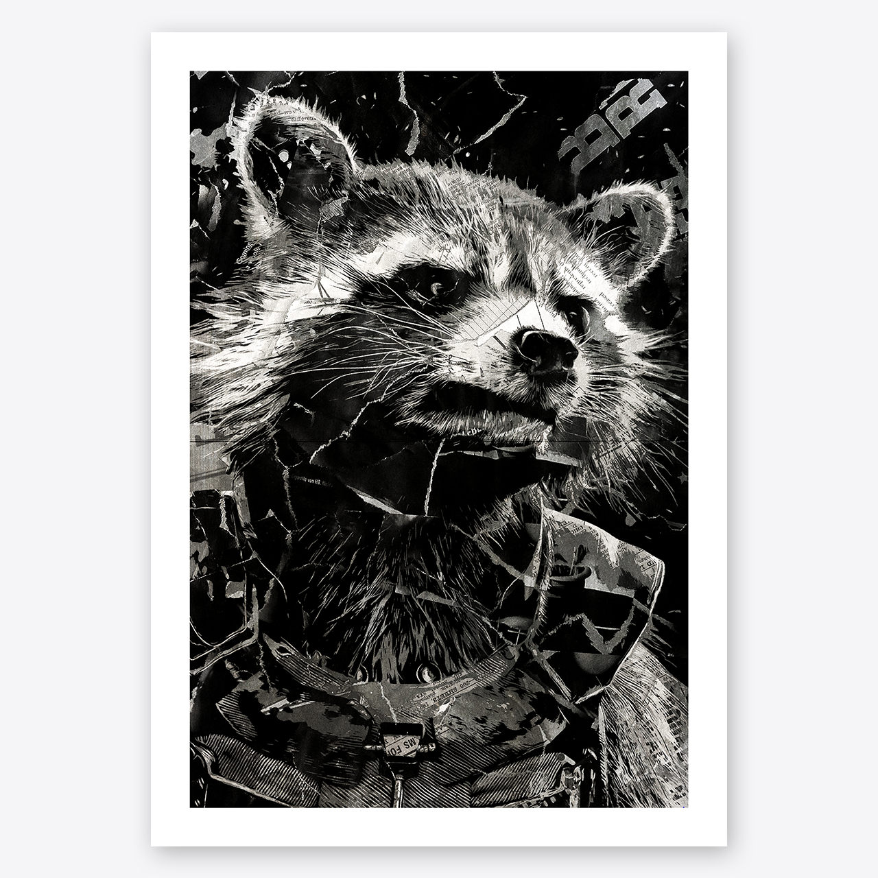 A Rocket poster design - a portrait of Rocket created using a collage of torn pieces of magazine pages in black and white.
