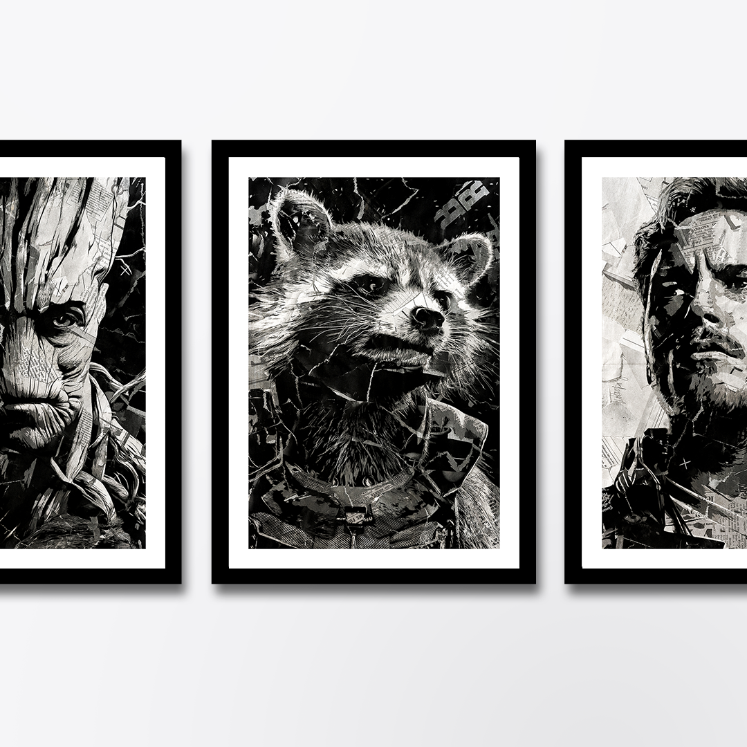 A Rocket poster design - a portrait of Rocket created using a collage of torn pieces of magazine pages in black and white.