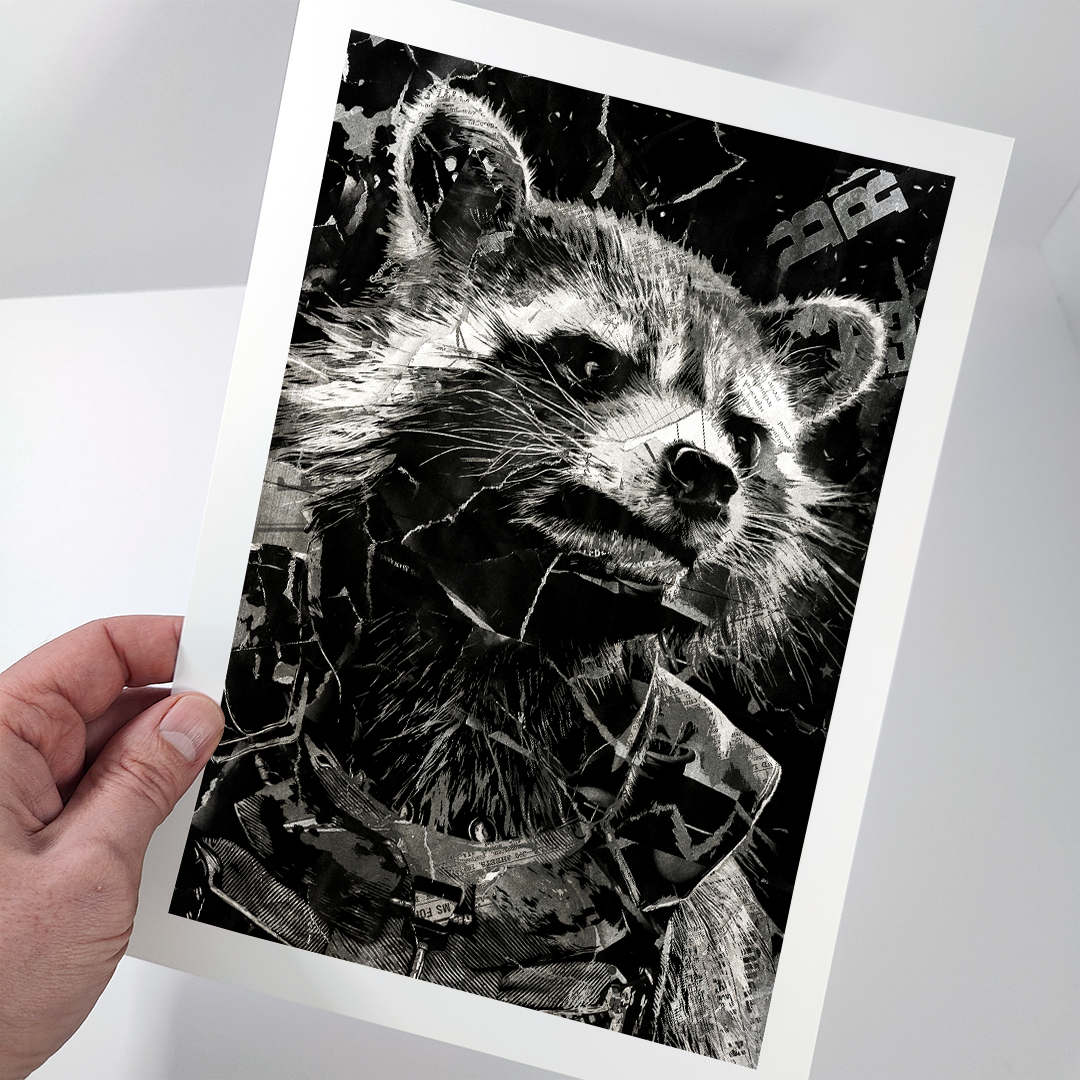 A Rocket poster design - a portrait of Rocket created using a collage of torn pieces of magazine pages in black and white.