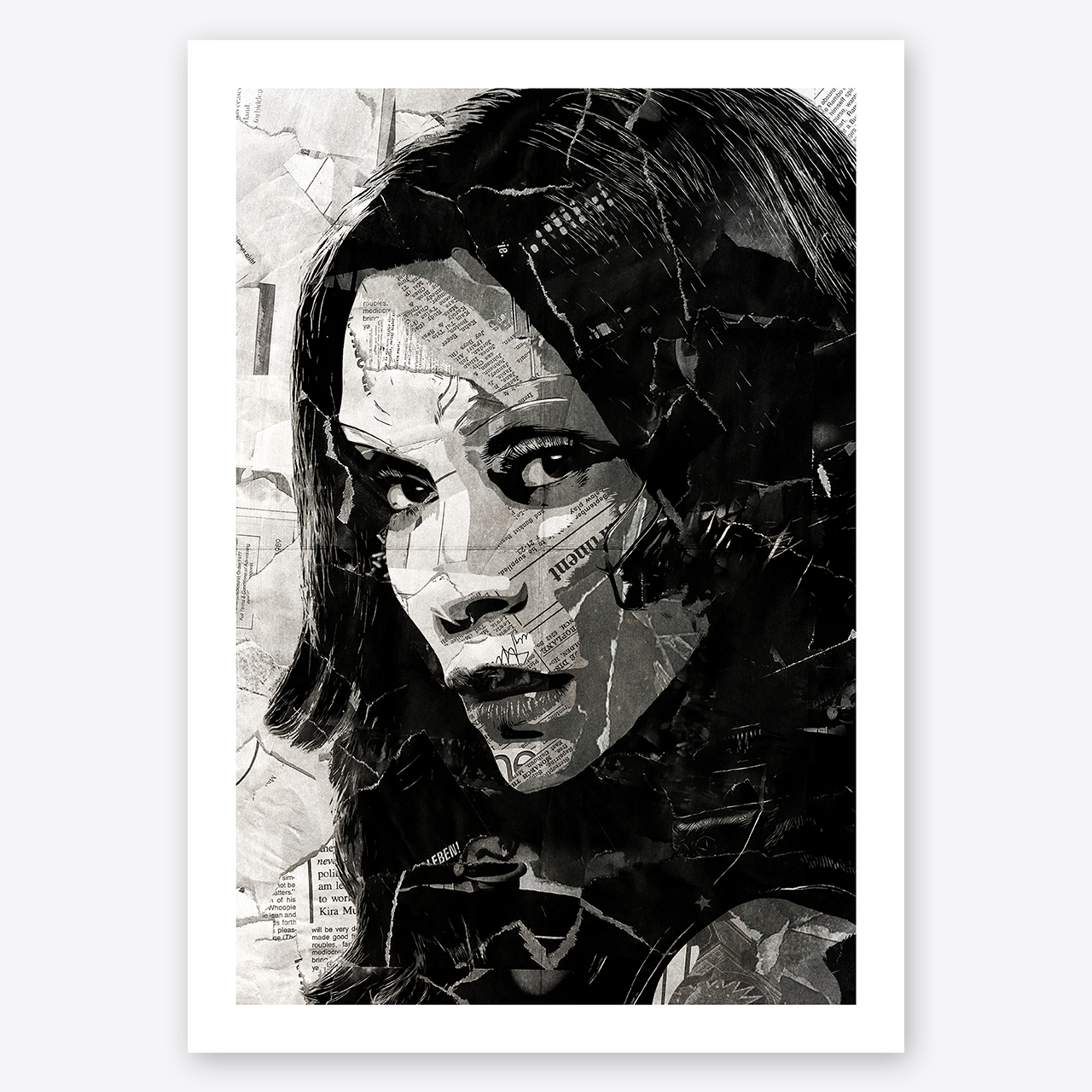 A Gamora poster design - a portrait of Gamora created using a collage of torn pieces of magazine pages in black and white.
