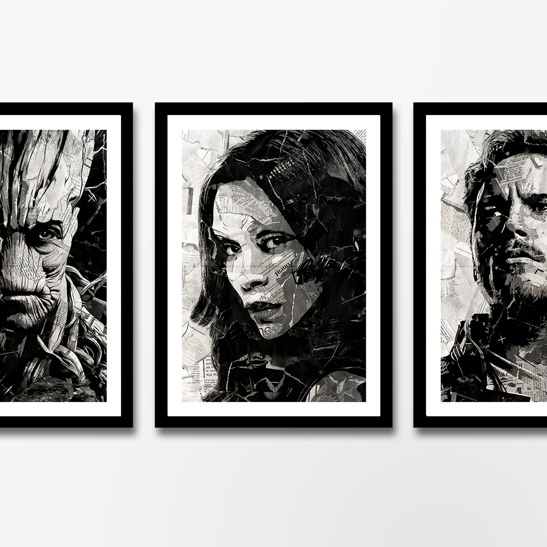 A Gamora poster design - a portrait of Gamora created using a collage of torn pieces of magazine pages in black and white.