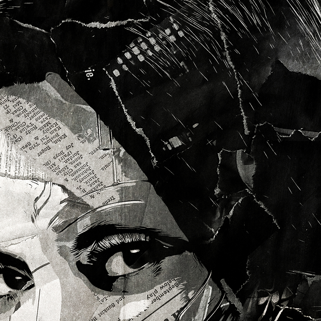 A Gamora poster design - a portrait of Gamora created using a collage of torn pieces of magazine pages in black and white.