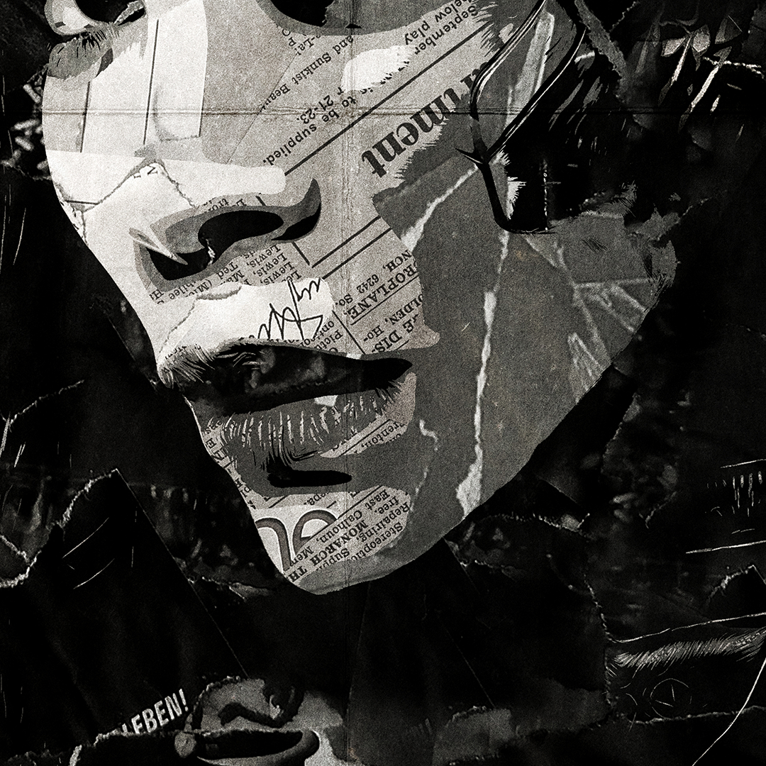 A Gamora poster design - a portrait of Gamora created using a collage of torn pieces of magazine pages in black and white.