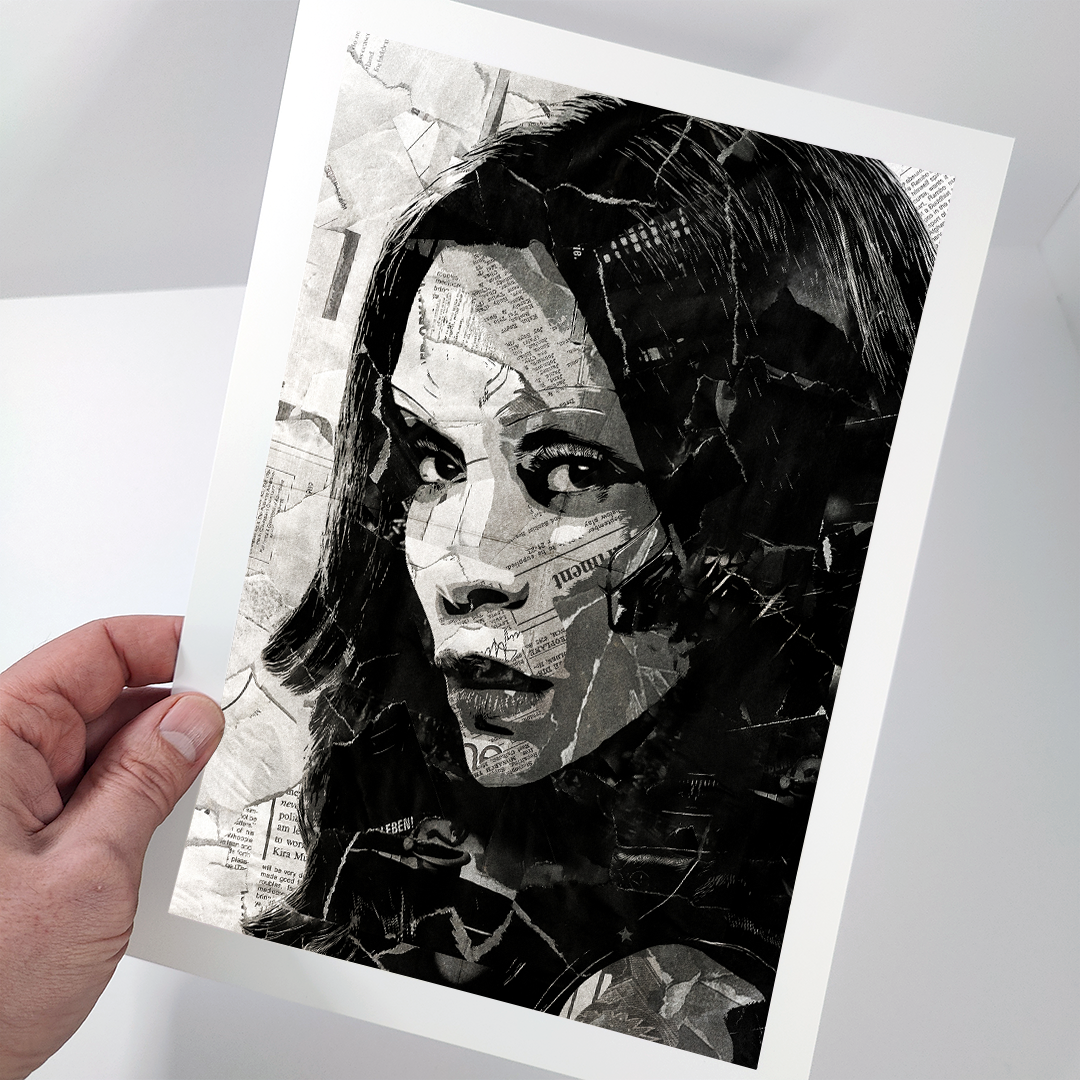 A Gamora poster design - a portrait of Gamora created using a collage of torn pieces of magazine pages in black and white.