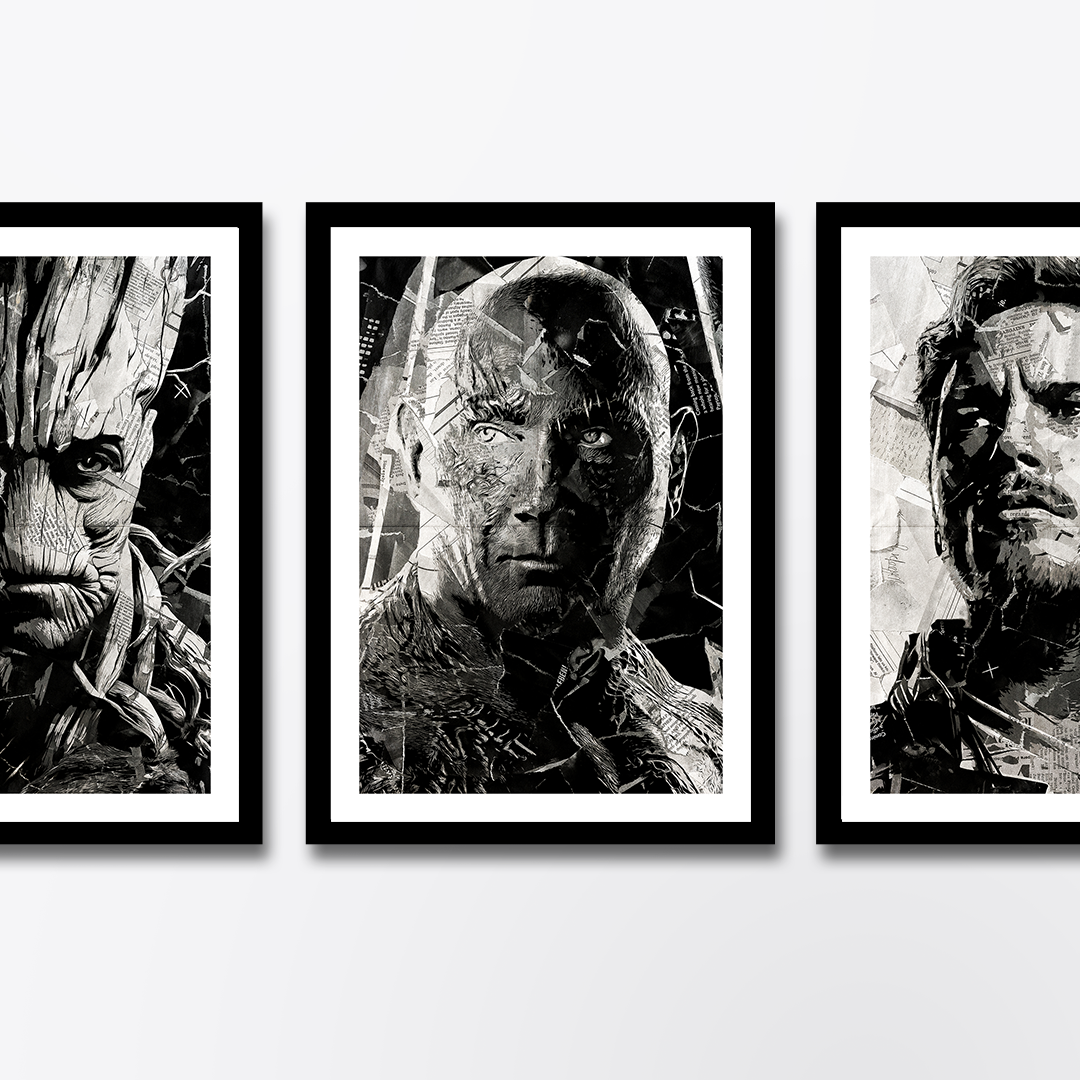 A Drax poster design - a portrait of Drax created using a collage of torn pieces of magazine pages in black and white.