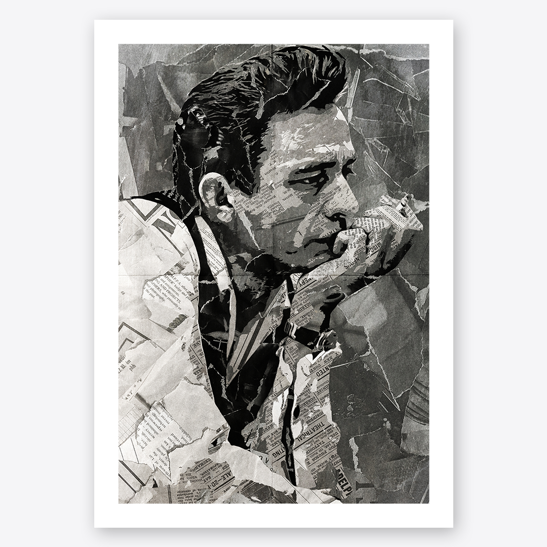 A Johnny Cash poster design - a portrait of Johnny created using a collage of torn pieces of magazine pages in black and white.