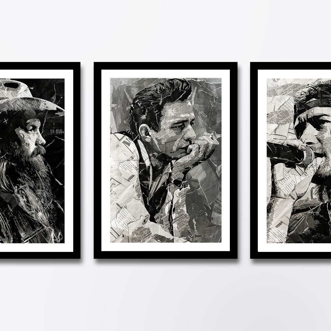 A Johnny Cash poster design - a portrait of Johnny created using a collage of torn pieces of magazine pages in black and white.