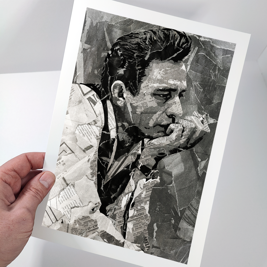 A Johnny Cash poster design - a portrait of Johnny created using a collage of torn pieces of magazine pages in black and white.