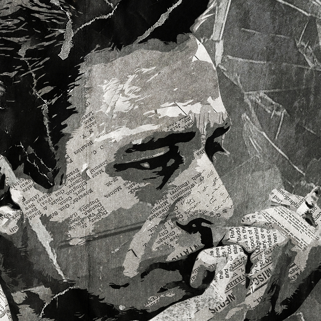 A Johnny Cash poster design - a portrait of Johnny created using a collage of torn pieces of magazine pages in black and white.