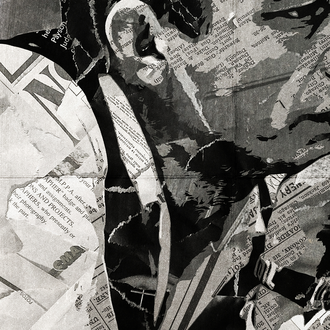A Johnny Cash poster design - a portrait of Johnny created using a collage of torn pieces of magazine pages in black and white.