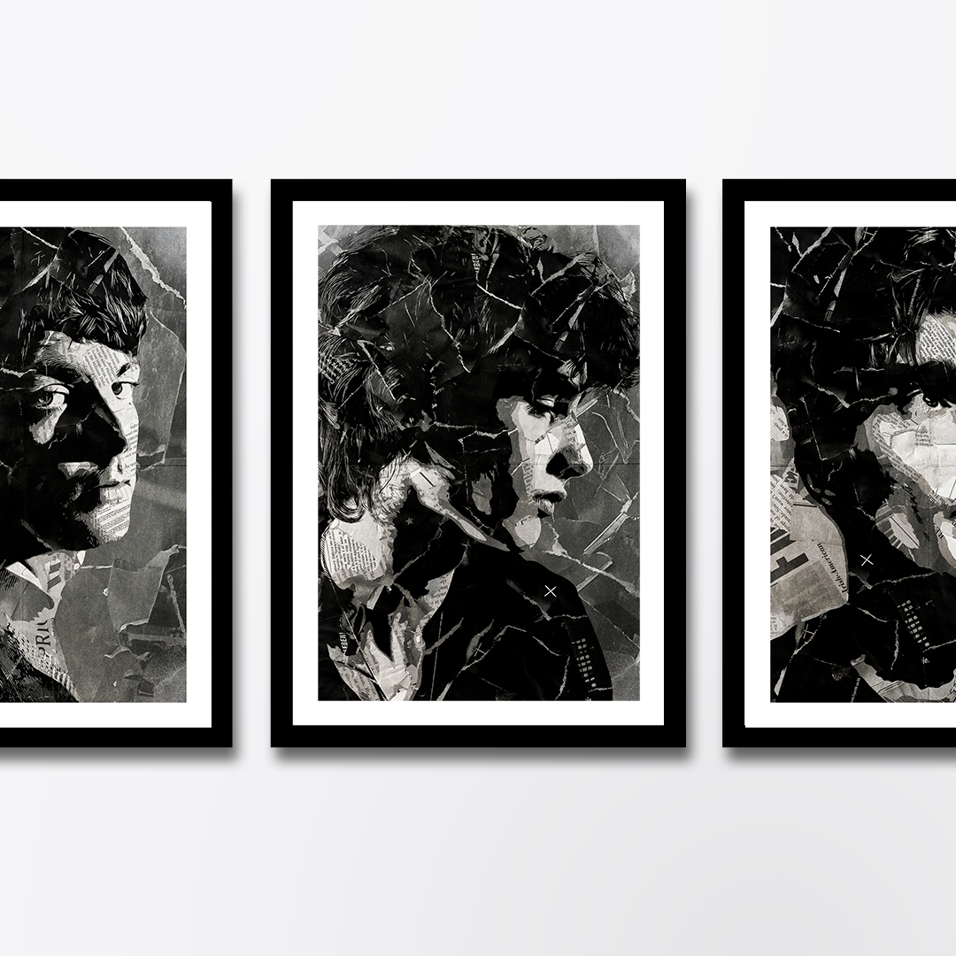 A Sombr poster design - a portrait of Sombr created using a collage of torn pieces of magazine pages in black and white.