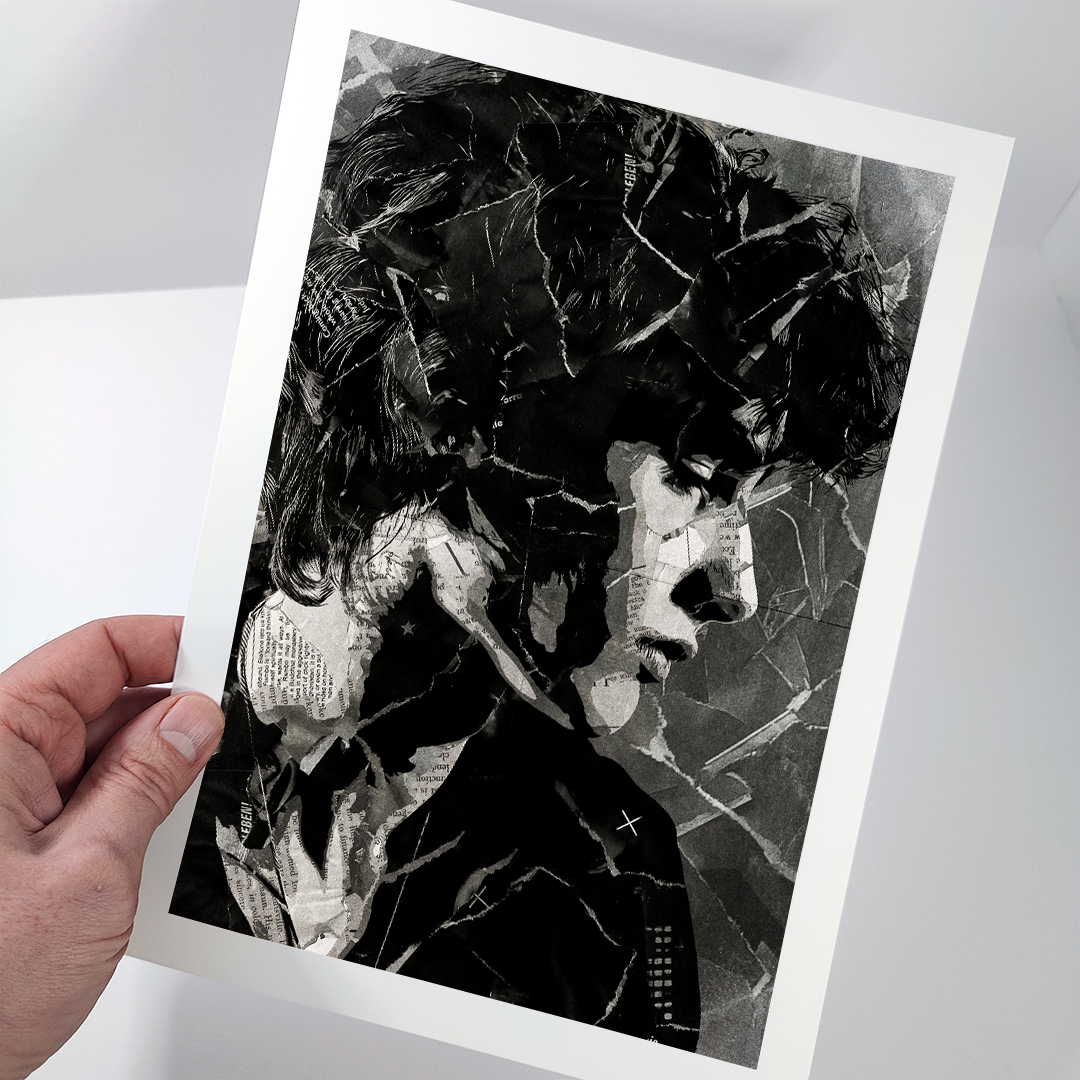 A Sombr poster design - a portrait of Sombr created using a collage of torn pieces of magazine pages in black and white.