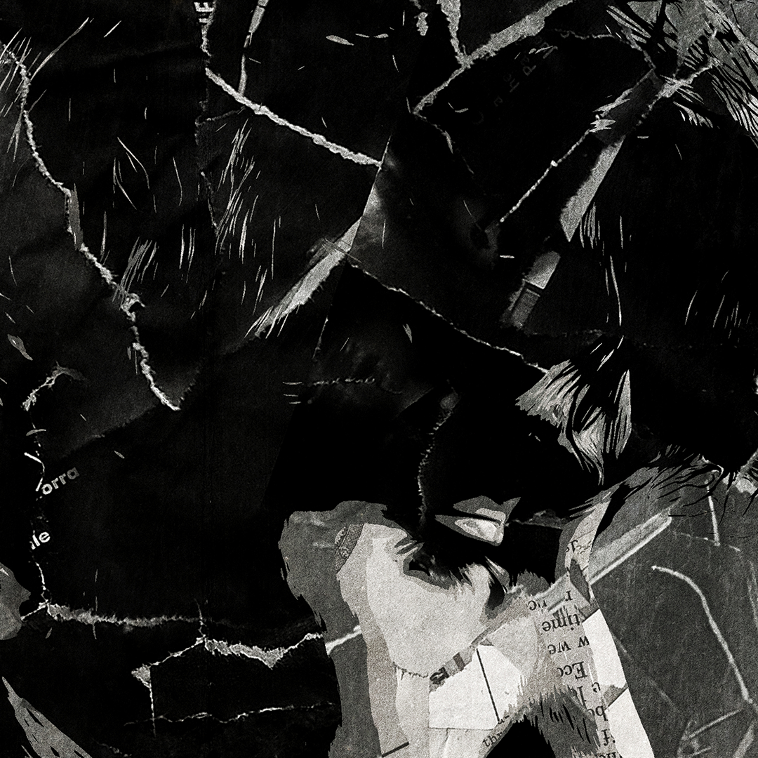 A Sombr poster design - a portrait of Sombr created using a collage of torn pieces of magazine pages in black and white.