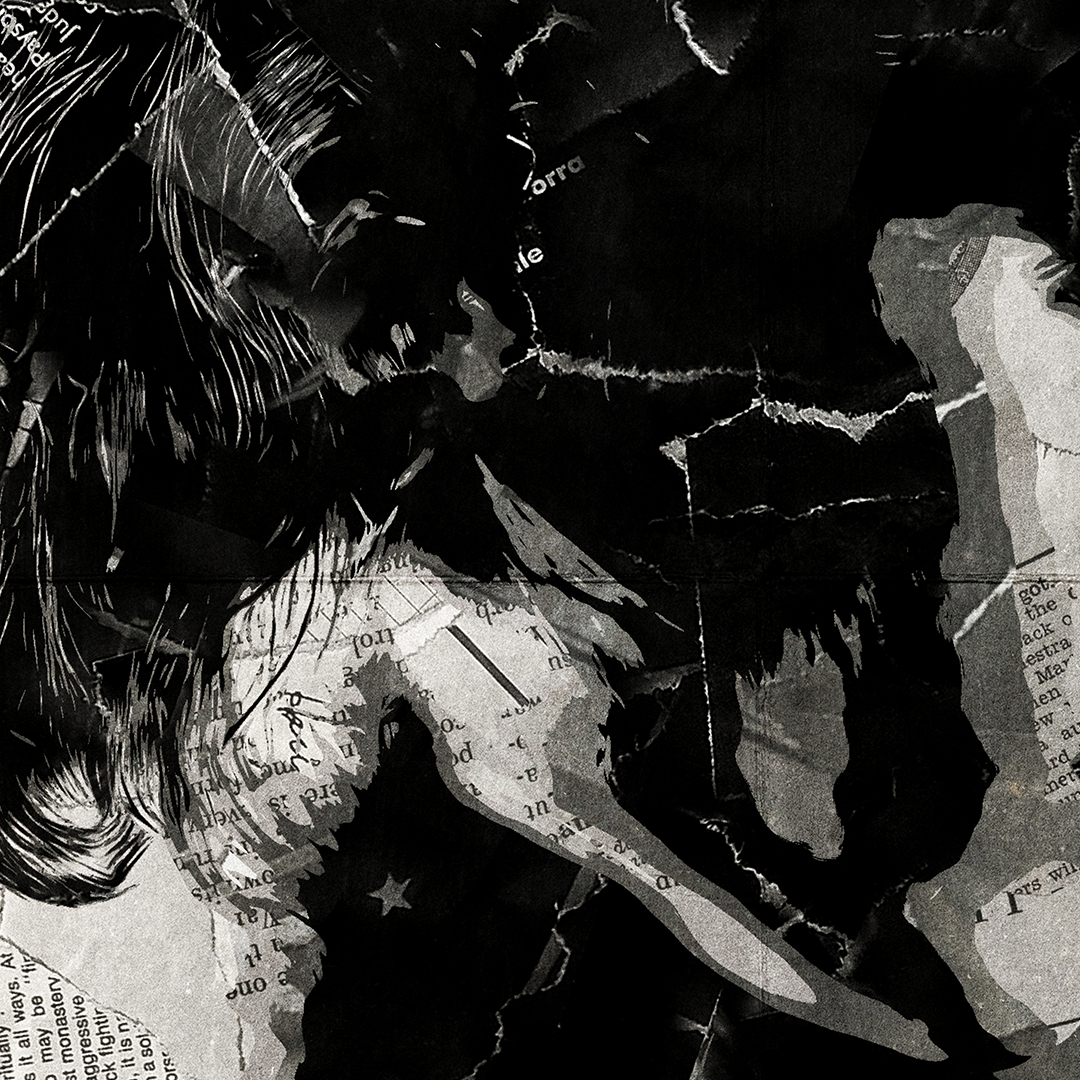 A Sombr poster design - a portrait of Sombr created using a collage of torn pieces of magazine pages in black and white.