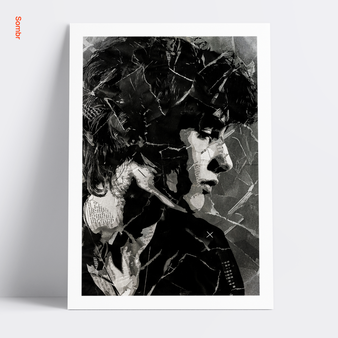 A Sombr poster design - a portrait of Sombr created using a collage of torn pieces of magazine pages in black and white.