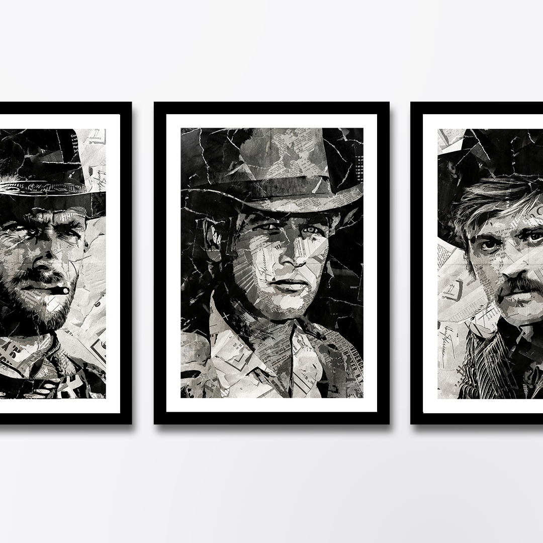 A Butch Cassidy / Paul Newman poster design - a portrait of Paul created using a collage of torn pieces of magazine pages in black and white.