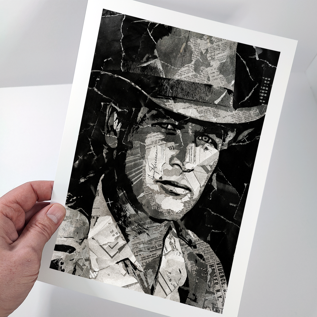 A Butch Cassidy / Paul Newman poster design - a portrait of Paul created using a collage of torn pieces of magazine pages in black and white.