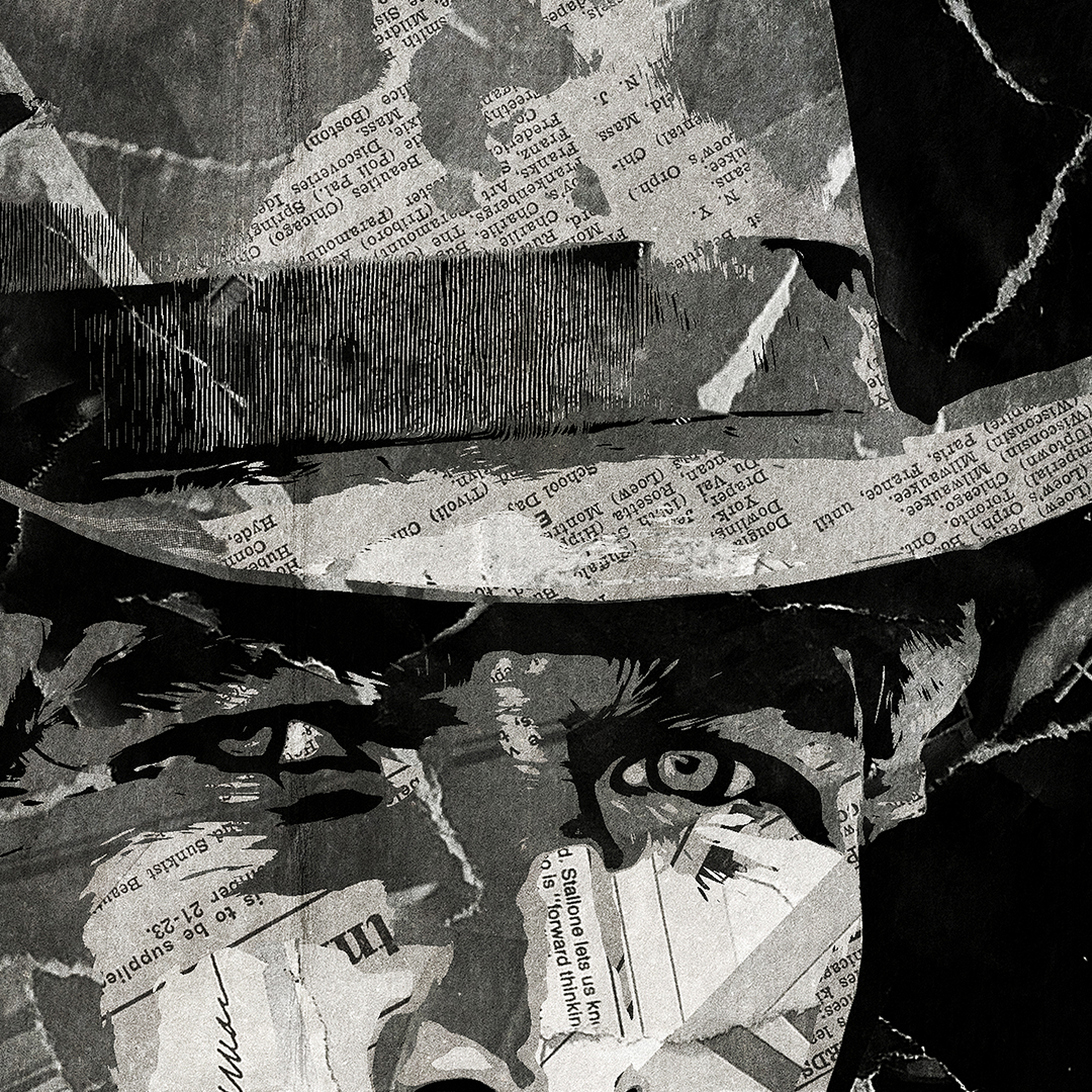 A Butch Cassidy / Paul Newman poster design - a portrait of Paul created using a collage of torn pieces of magazine pages in black and white.