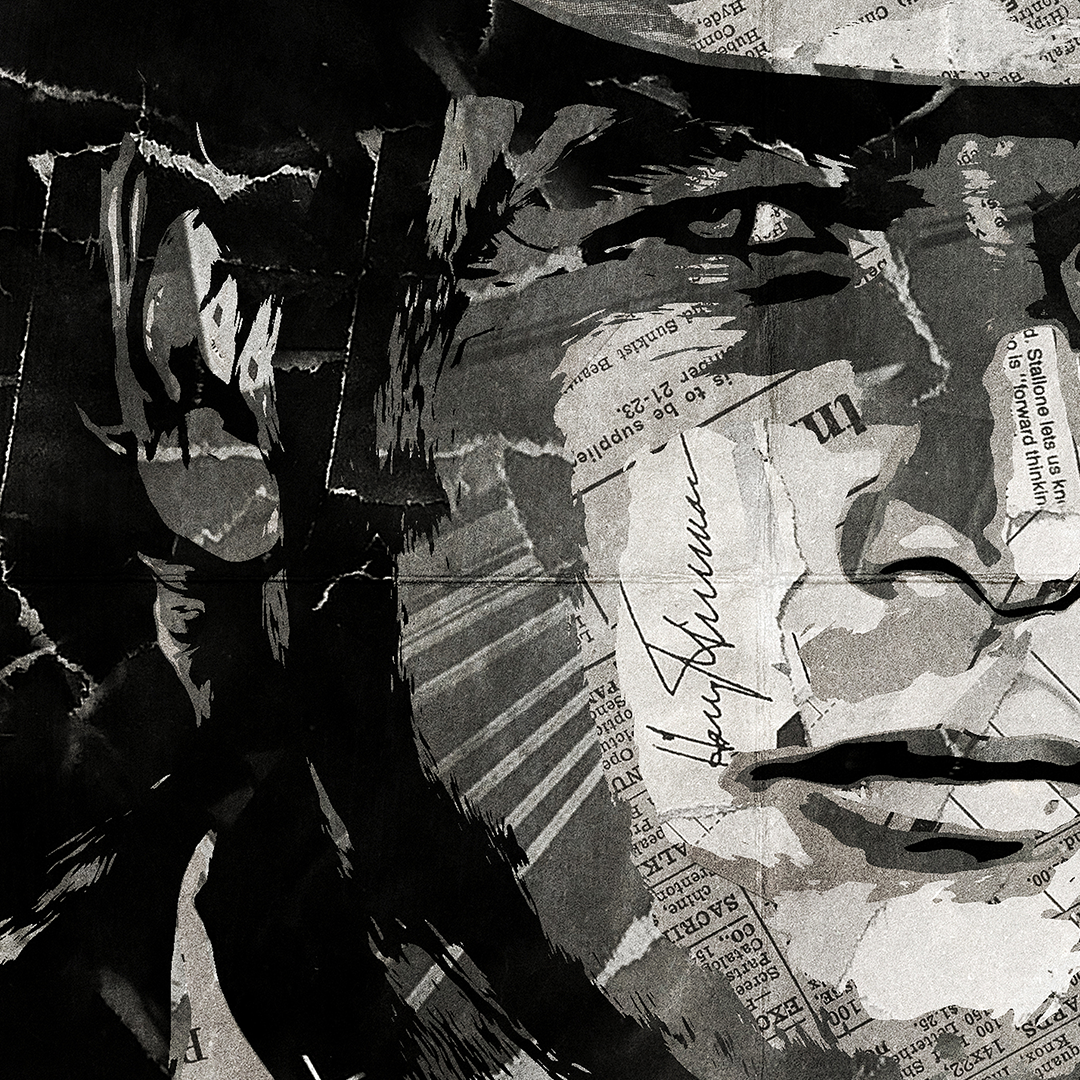 A Butch Cassidy / Paul Newman poster design - a portrait of Paul created using a collage of torn pieces of magazine pages in black and white.
