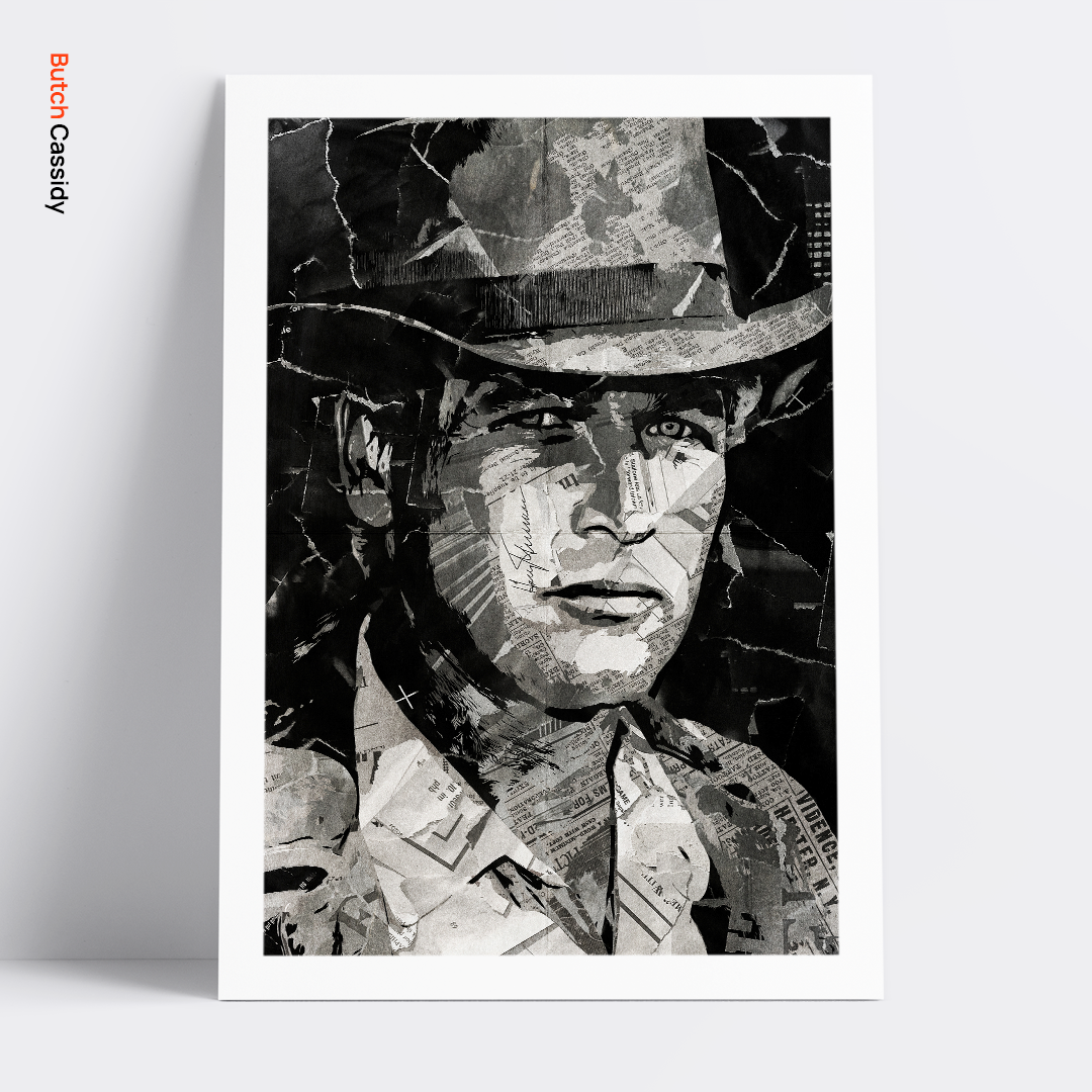 A Butch Cassidy / Paul Newman poster design - a portrait of Paul created using a collage of torn pieces of magazine pages in black and white.