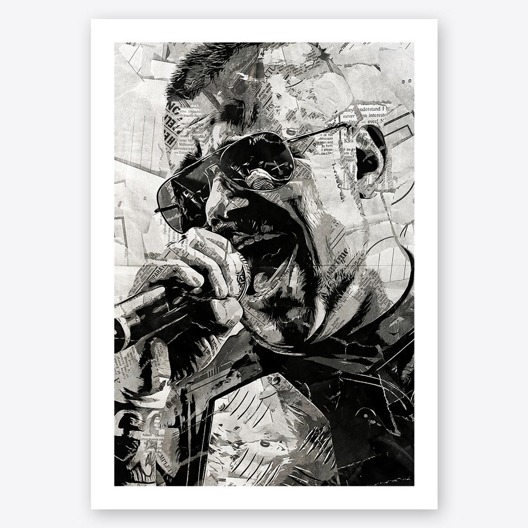 A Joakim Brodén poster design - a portrait of Joakim made using a collage of torn pieces of magazine pages in black and white.