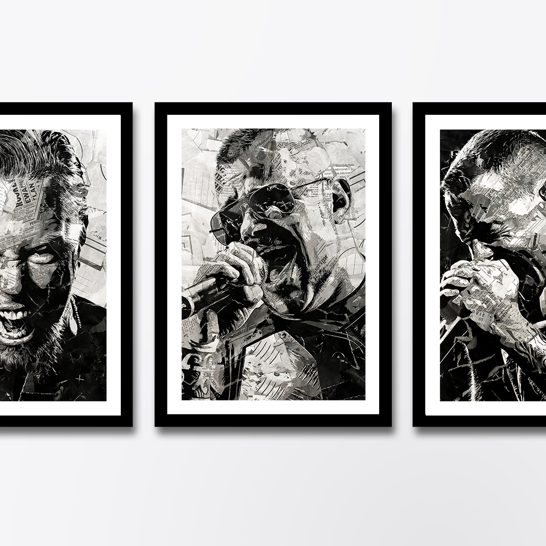 A Joakim Brodén poster design - a portrait of Joakim made using a collage of torn pieces of magazine pages in black and white.