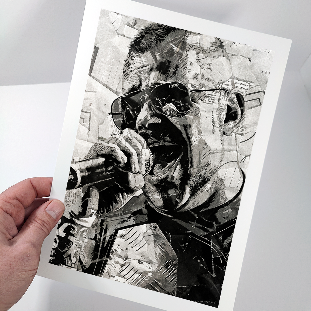 A Joakim Brodén poster design - a portrait of Joakim made using a collage of torn pieces of magazine pages in black and white.