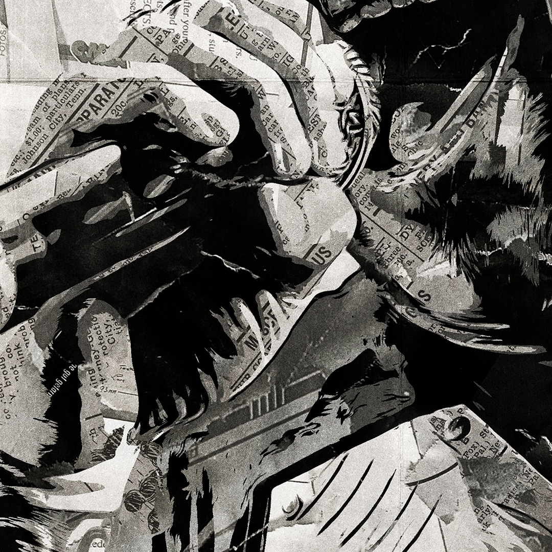 A Joakim Brodén poster design - a portrait of Joakim made using a collage of torn pieces of magazine pages in black and white.