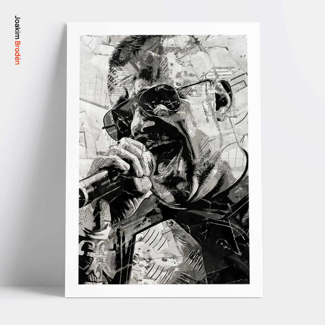 A Joakim Brodén poster design - a portrait of Joakim made using a collage of torn pieces of magazine pages in black and white.