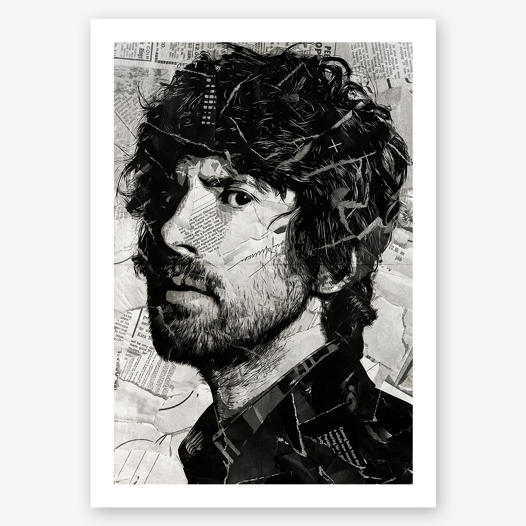 A Gruff Rhys poster design - a portrait of Gruff made using a collage of torn pieces of magazine pages in black and white.