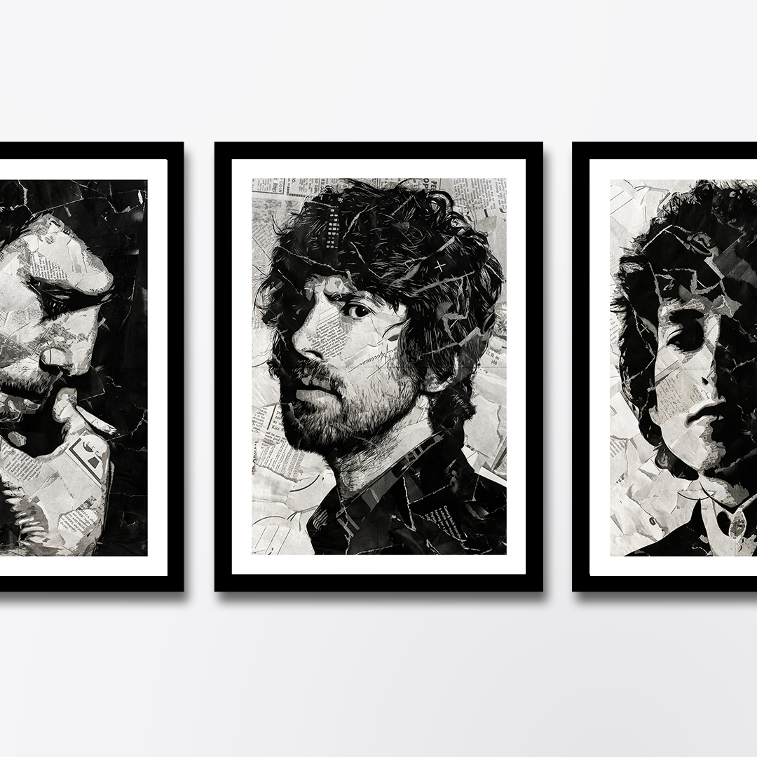 A Gruff Rhys poster design - a portrait of Gruff made using a collage of torn pieces of magazine pages in black and white.