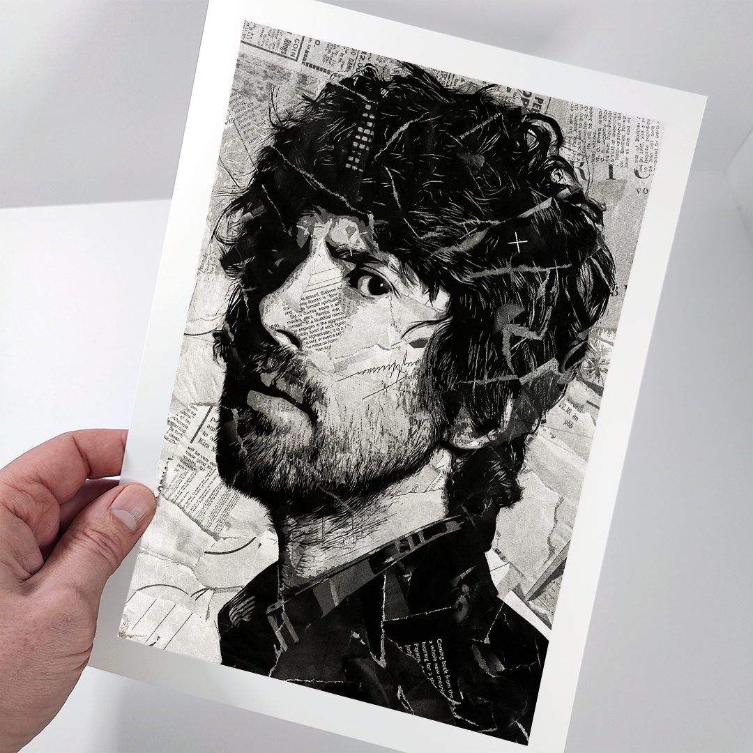 A Gruff Rhys poster design - a portrait of Gruff made using a collage of torn pieces of magazine pages in black and white.