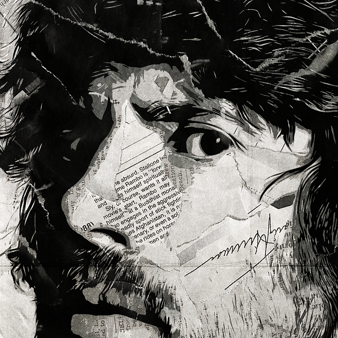 A Gruff Rhys poster design - a portrait of Gruff made using a collage of torn pieces of magazine pages in black and white.