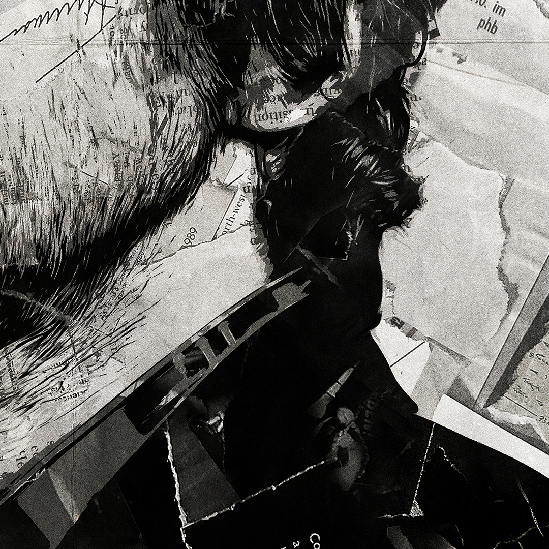 A Gruff Rhys poster design - a portrait of Gruff made using a collage of torn pieces of magazine pages in black and white.