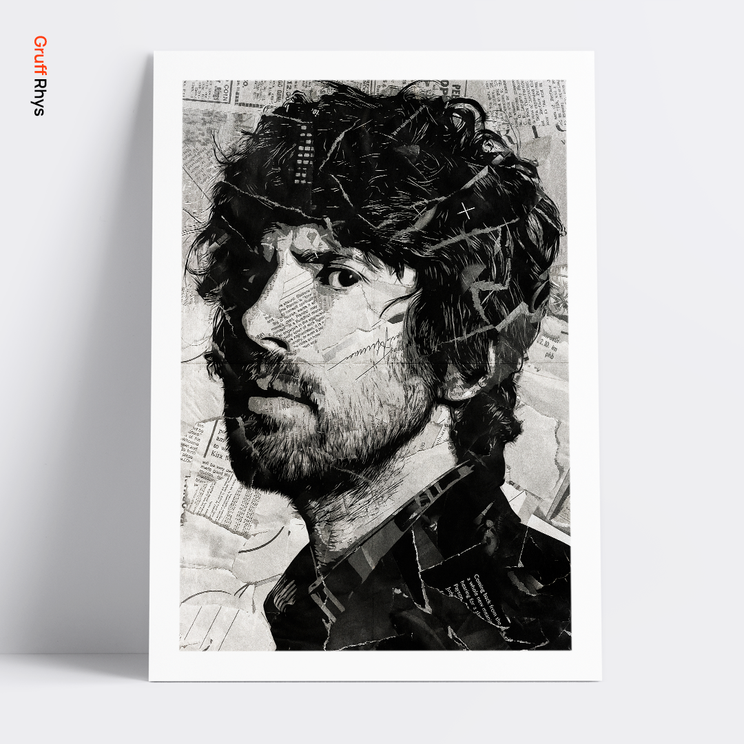 A Gruff Rhys poster design - a portrait of Gruff made using a collage of torn pieces of magazine pages in black and white.