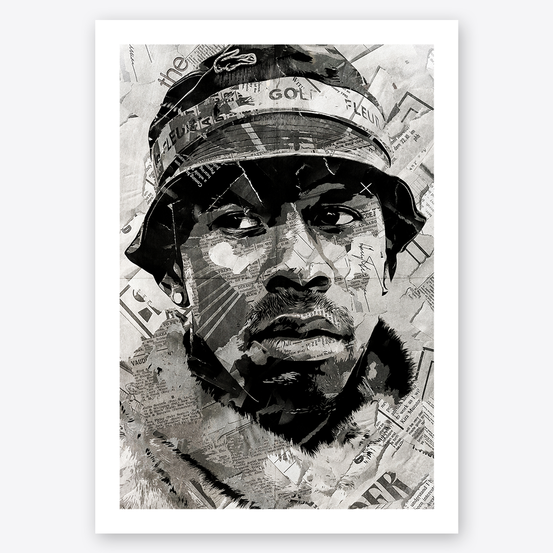 A Tyler the Creator poster design - a portrait of Tyler made using a collage of torn pieces of magazine pages in black and white.