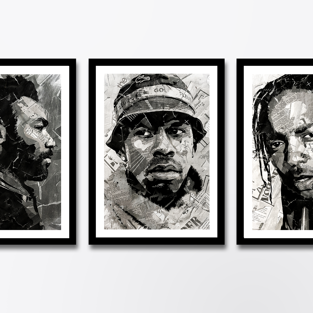 A Tyler the Creator poster design - a portrait of Tyler made using a collage of torn pieces of magazine pages in black and white.