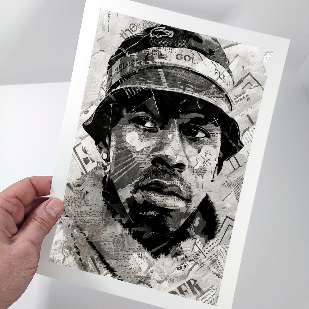 A Tyler the Creator poster design - a portrait of Tyler made using a collage of torn pieces of magazine pages in black and white.