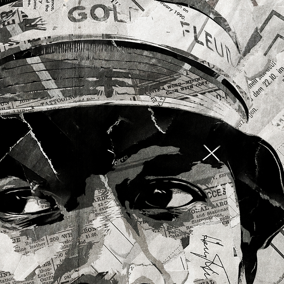 A Tyler the Creator poster design - a portrait of Tyler made using a collage of torn pieces of magazine pages in black and white.