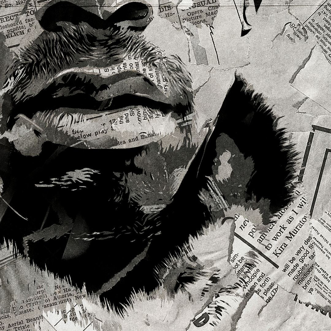 A Tyler the Creator poster design - a portrait of Tyler made using a collage of torn pieces of magazine pages in black and white.